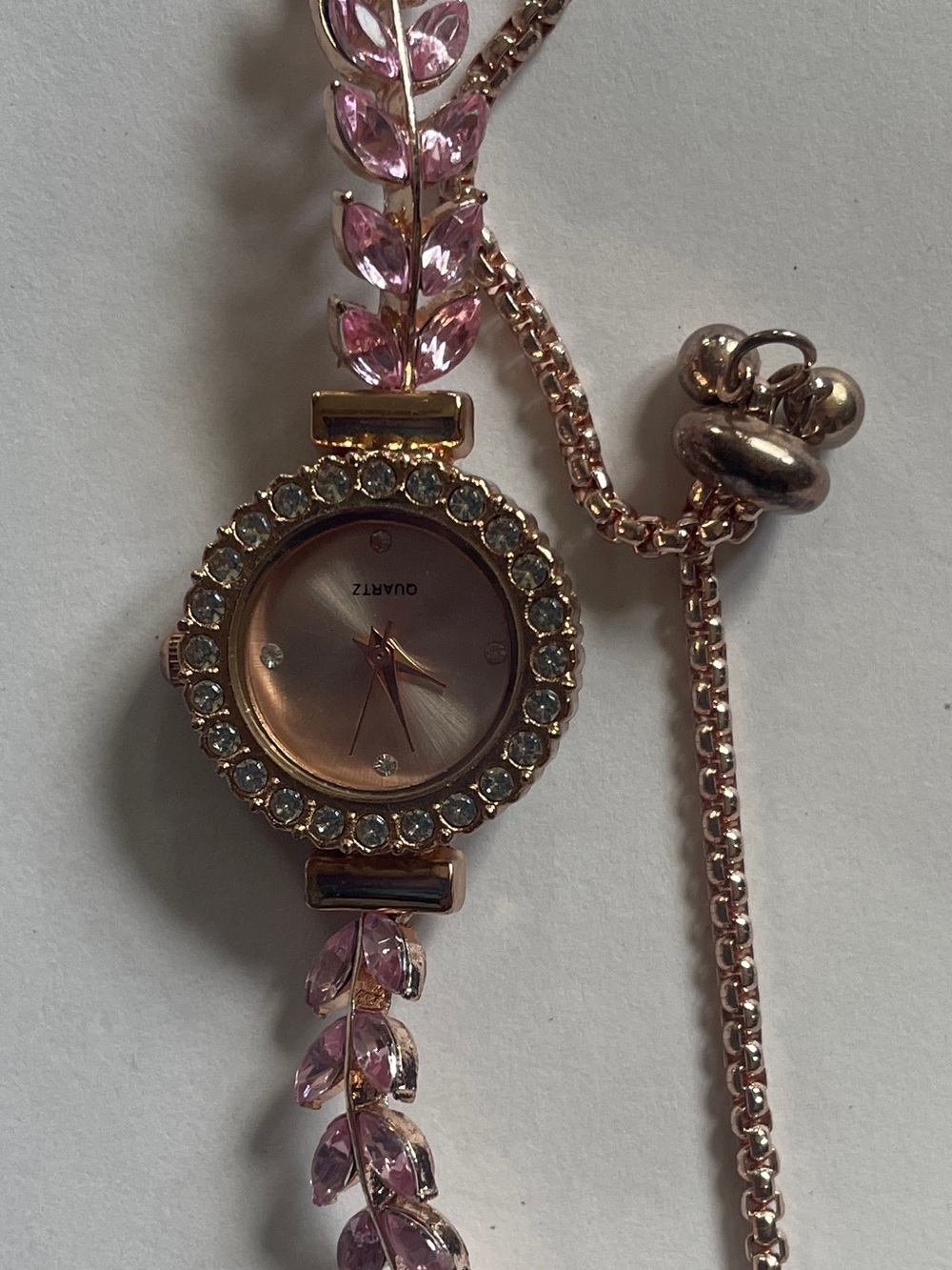 Rose Gold Pink Crystal Leaf Bracelet Watch